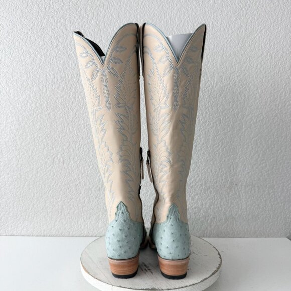 Lane SANDAGA Knee High Womens Cowboy Boots Blue Ostrich Western Tall Size 7.5 - Picture 3 of 14